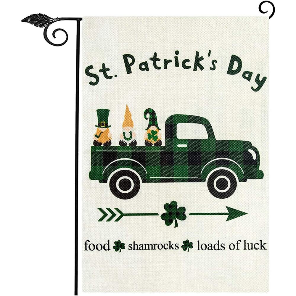 St Patricks Day Garden Flag Gnome Pick Up Truck Clover Double Sided 12.5" x 18"